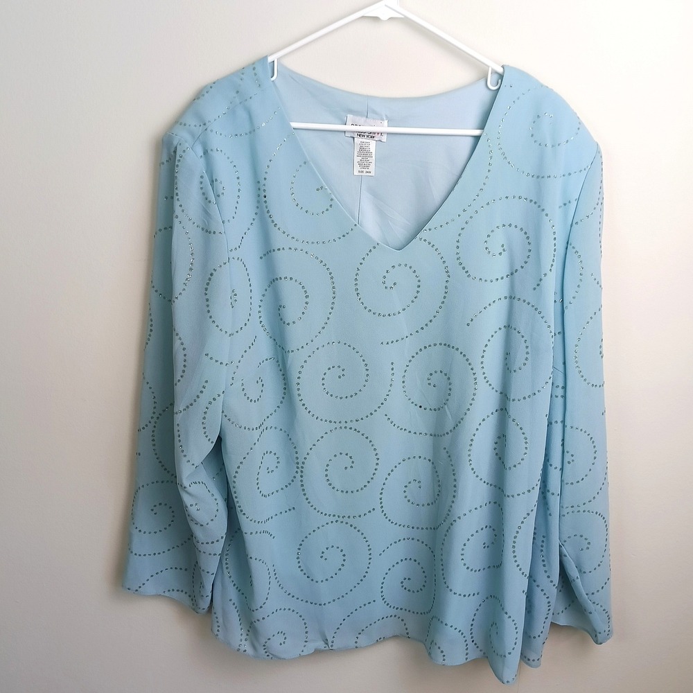 Dress Savvy New York V-Neck Blouse Womens 24W Blue Excellent Sequin Swirls